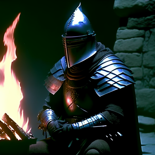 a knight sitting next a campfire in 80sdarksouls style